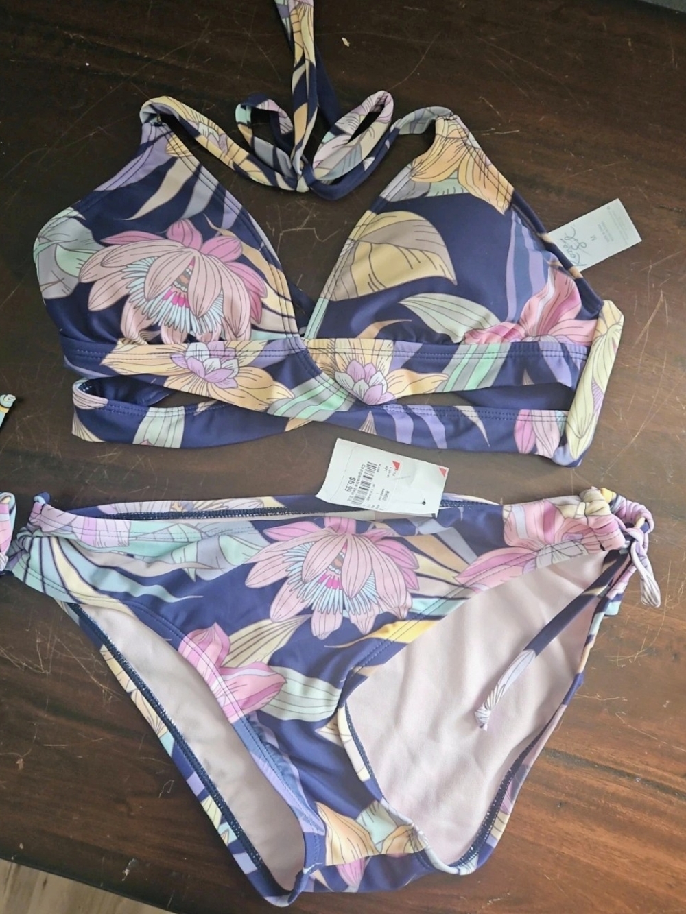Kona Sol Navy Floral Halter Bikini with Pink and Yellow Accents